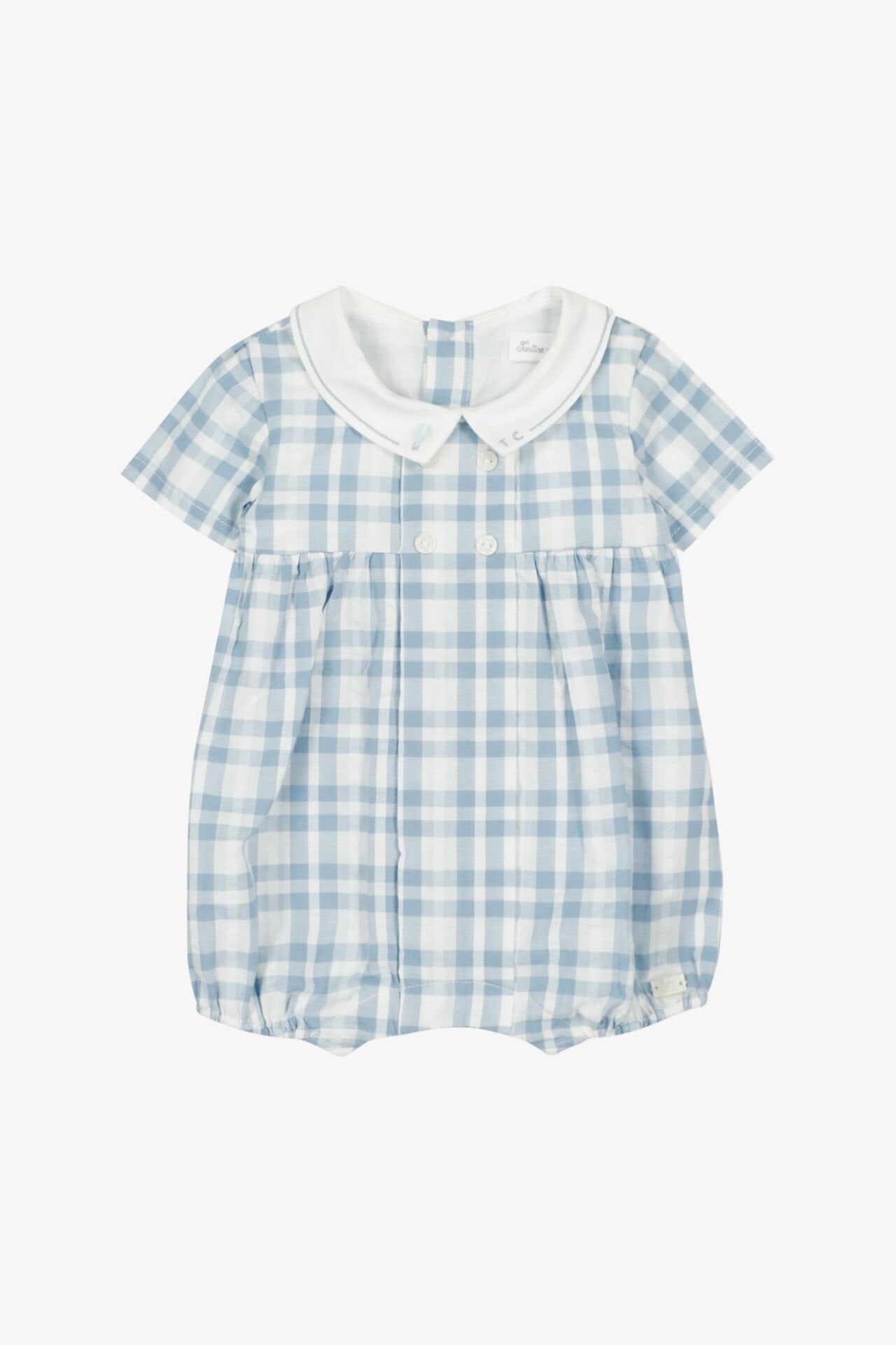 Erkek Bebek Mavi Kareli Şortlu Kısa Tulum