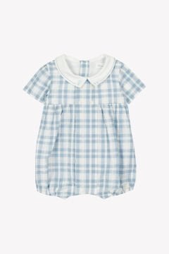 Erkek Bebek Mavi Kareli Şortlu Kısa Tulum