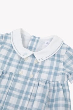 Erkek Bebek Mavi Kareli Şortlu Kısa Tulum