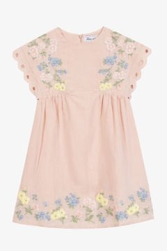 Kız Çocuk Nakış Detaylı Keten Elbise