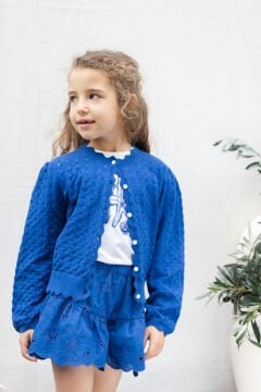 Kız Çocuk Saks Mavi Ajurlu Triko Hırka