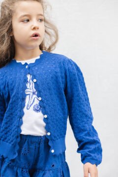 Kız Çocuk Saks Mavi Ajurlu Triko Hırka