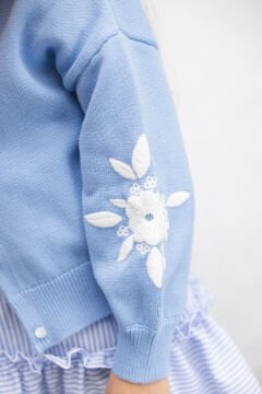 Kız Çocuk Gök Mavi Çiçek Aplikeli Hırka