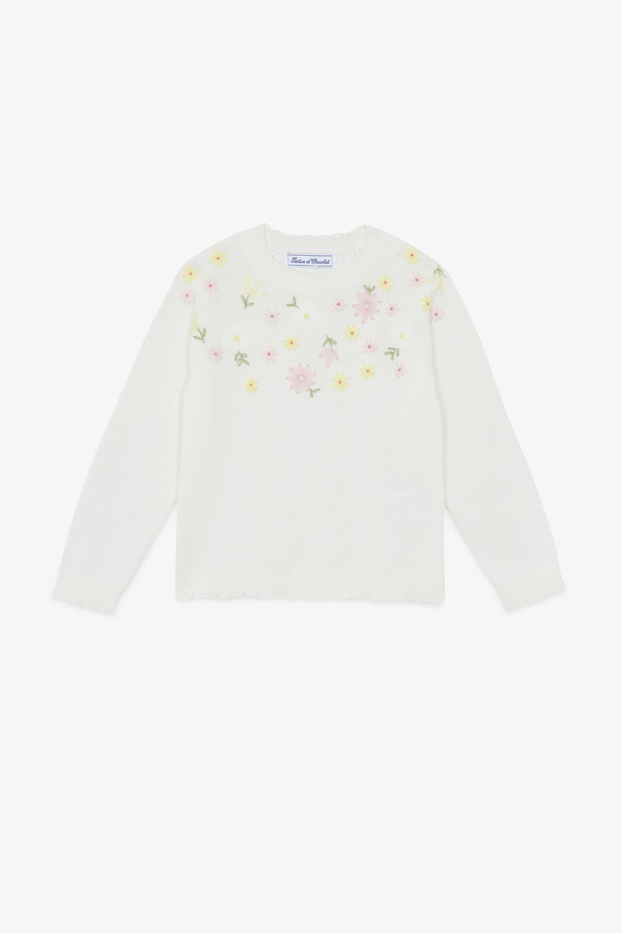 Kız Çocuk Ekru Çiçek Nakışlı Triko Kazak