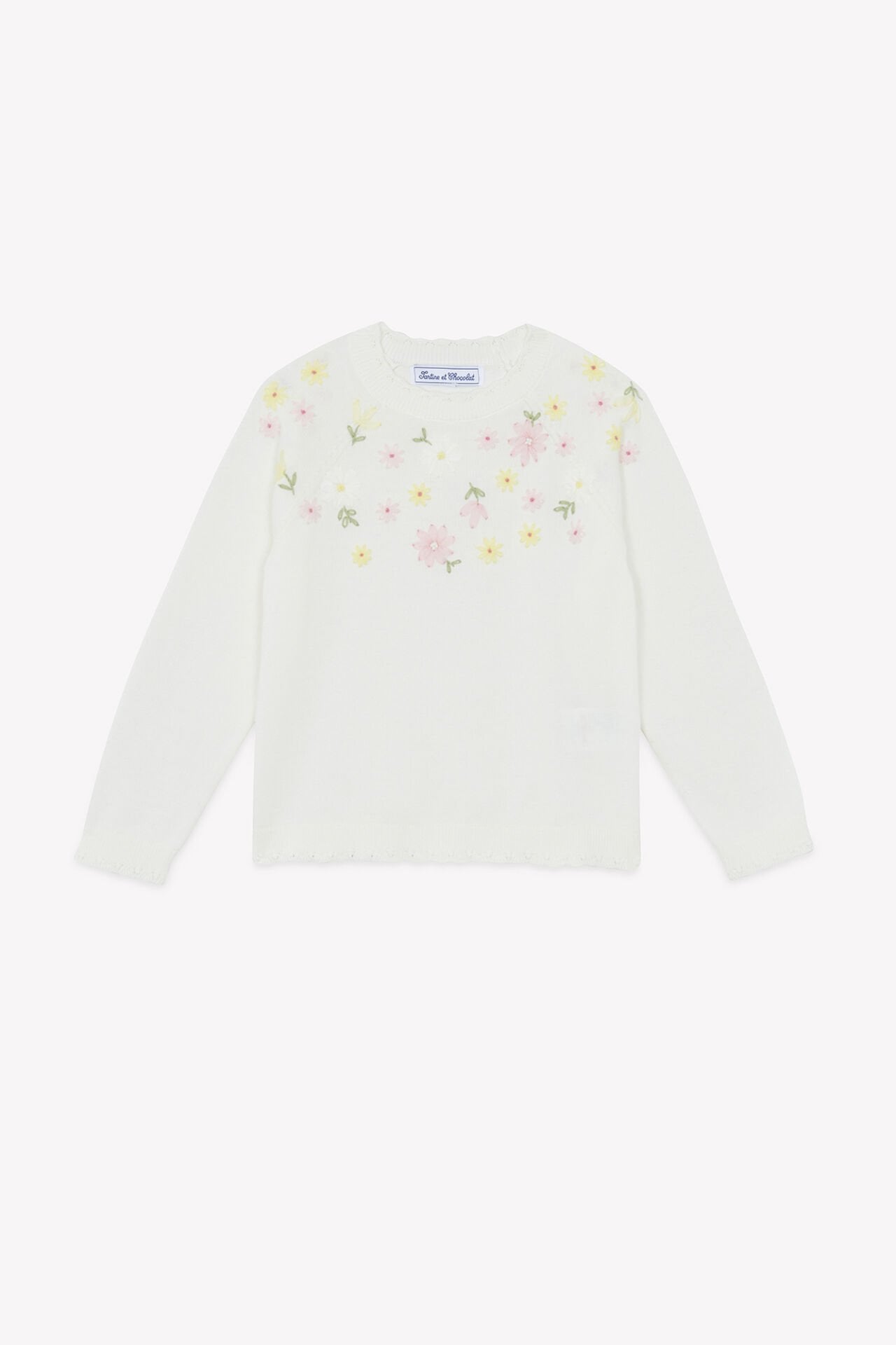 Kız Çocuk Ekru Çiçek Nakışlı Triko Kazak