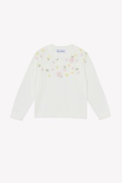 Kız Çocuk Ekru Çiçek Nakışlı Triko Kazak