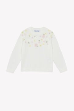 Kız Çocuk Ekru Çiçek Nakışlı Triko Kazak