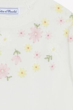 Kız Çocuk Ekru Çiçek Nakışlı Triko Kazak