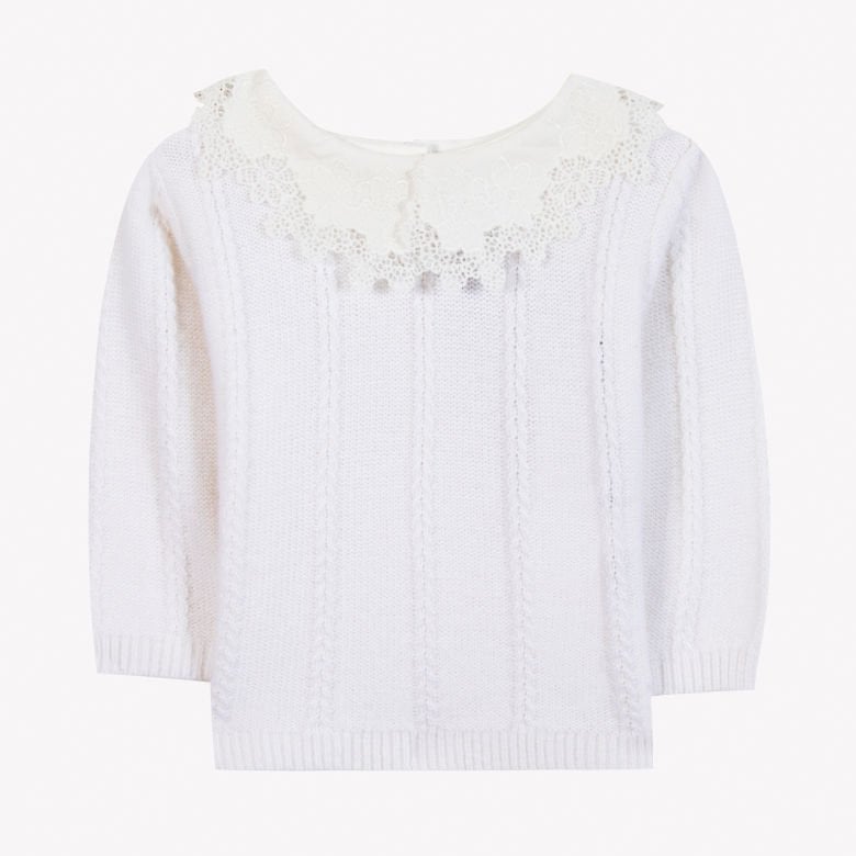 Kız Çocuk Beyaz Dantel Yakalı Triko Kazak