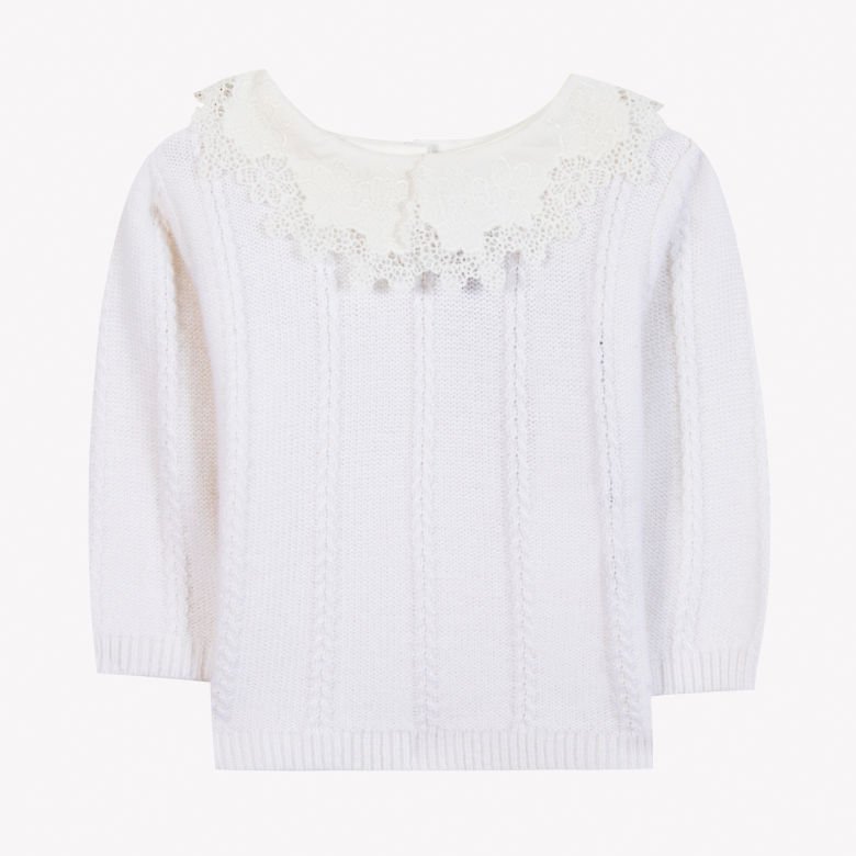 Kız Çocuk Beyaz Dantel Yakalı Triko Kazak