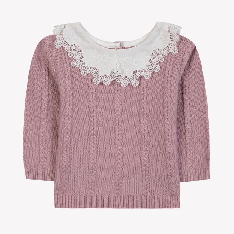 Kız Bebek Beyaz Dantel Yakalı Triko Kazak