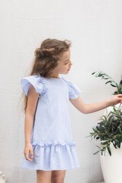 Kız Çocuk Mavi Çizgili Elbise