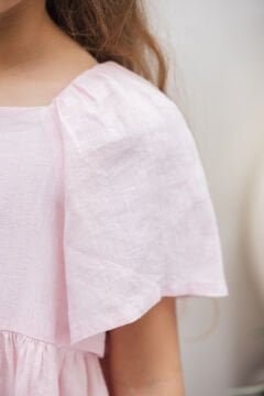 Kız Çocuk Pembe Nakışlı Keten Elbise