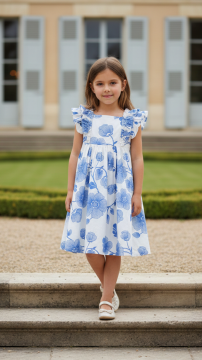 Kız Çocuk Mavi Desenli Coton Elbise