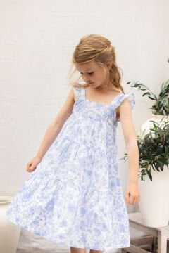 Kız Çocuk Çiçek Desenli Askılı Elbise