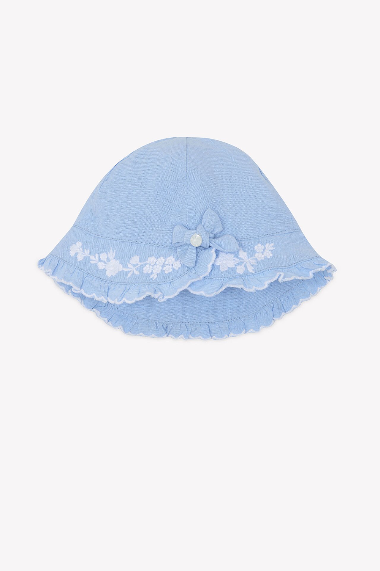 Kız Bebek Mavi Nakışlı Keten Şapka