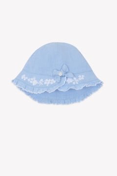 Kız Bebek Mavi Nakışlı Keten Şapka