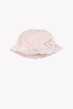 Kız Bebek Pembe Nakışlı Keten Şapka