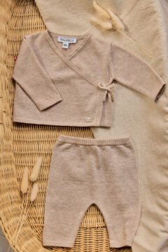 Bebek Bej Triko Hırka + Pantalon Set