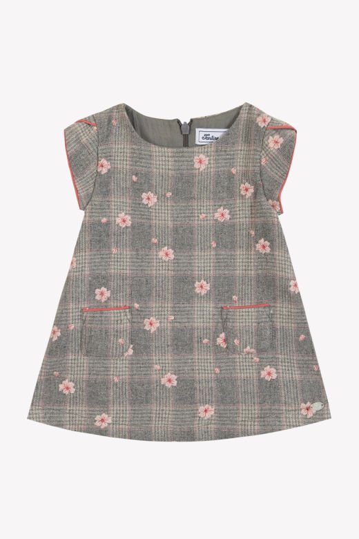Kız Bebek Ekoseli Çiçek Nakışlı Elbise
