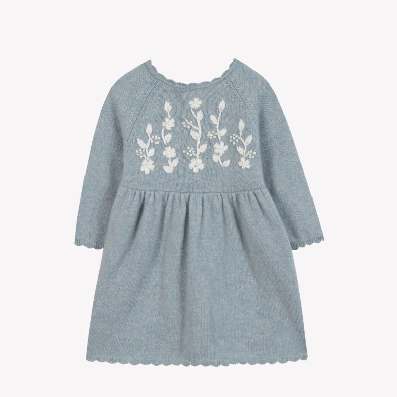 Kız Bebek Çiçek Nakışlı Triko Elbise