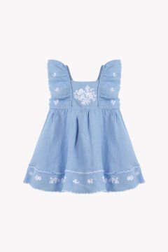 Kız Bebek Mavi Keten Elbise