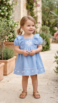 Kız Bebek Mavi Keten Elbise