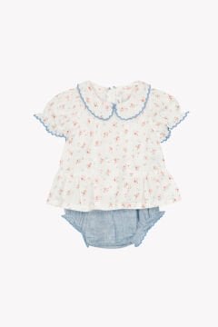 Kız Bebek Coton Bluz + Bloomer Set Ekru