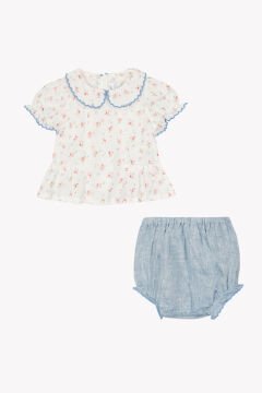 Kız Bebek Coton Bluz + Bloomer Set Ekru