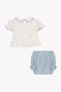 Kız Bebek Coton Bluz + Bloomer Set Ekru