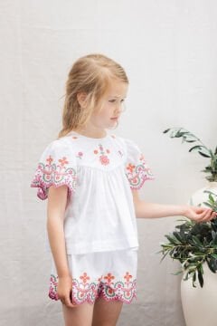 Kız Çocuk Nakışlı Tunik + Şort Set Beyaz