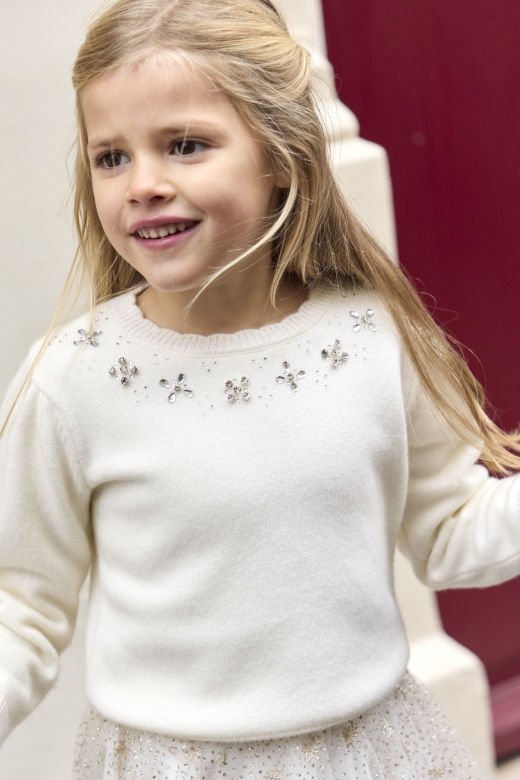 Kız Çocuk Taş İşlemeli Şık Kazak Ekru