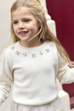 Kız Çocuk Taş İşlemeli Şık Kazak Ekru