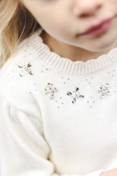 Kız Çocuk Taş İşlemeli Şık Kazak Ekru