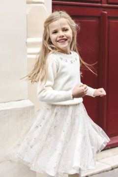 Kız Çocuk Taş İşlemeli Şık Kazak Ekru