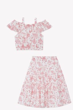 Kız Çocuk Çiçek Desenli Crop Bluz + Etek Takım