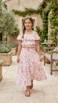 Kız Çocuk Çiçek Desenli Crop Bluz + Etek Takım